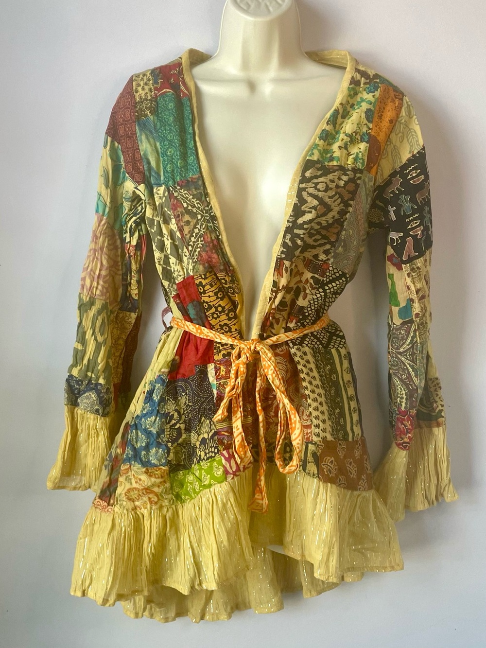 VTG Gypsy Rose Patchwork Boho Belted Cardigan/Kimono Yellow Ruffle Hem Hippie